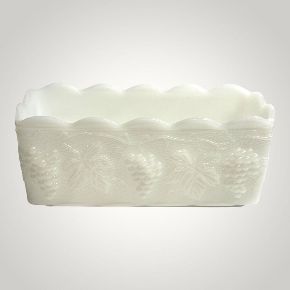 Anchor Hocking Fire King Milk Glass Planter Embossed Grap Leaves 7.5in
